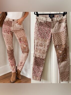 Lucky Brand Charlie Skinny Boho Patchwork Jeans Beige Sz 10